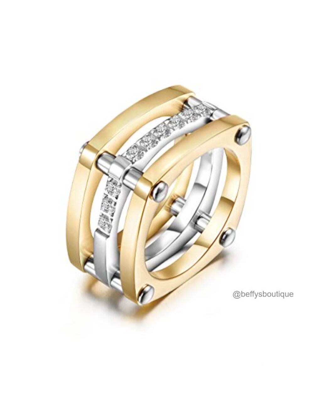 Chunky Square Cocktail Ring Gold Plated Stainless Steel CZ Statement